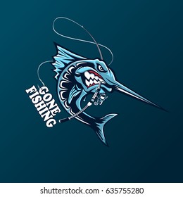 Angry marlin fish logo. Marlin fishing emblem for sport club. Angry fish background theme vector illustration.