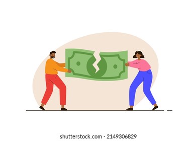 Una pareja negra furiosa se casó y se llevó el dinero. Esposo y esposa terminan las peleas. El concepto de crisis familiar y divorcio. División de propiedades. Ilustración vectorial plana moderna