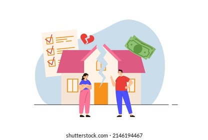 Angry married couple quarrelling near house. Husband and wife break up. Family crisis and divorce concept. Property division. Modern flat vector illustration