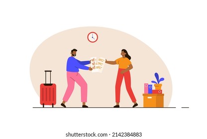 Angry Married Couple Tearing Document. Husband And Wife Break Up Quarrelling. Family Crisis And Divorce Concept. Property Division. Modern Flat Vector Illustration