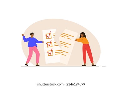 Angry married couple tearing document. Husband and wife break up quarrelling. Family crisis and divorce concept. Modern flat vector illustration