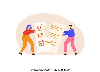 Angry married couple tearing document. Husband and wife break up quarrelling. Family crisis and divorce concept. Modern flat vector illustration