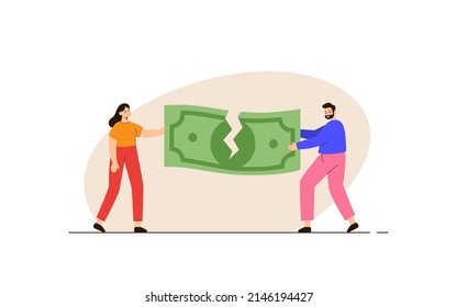 Una pareja casada furiosa rompiendo el dinero. Esposo y esposa terminan las peleas. El concepto de crisis familiar y divorcio. División de propiedades. Ilustración vectorial plana moderna