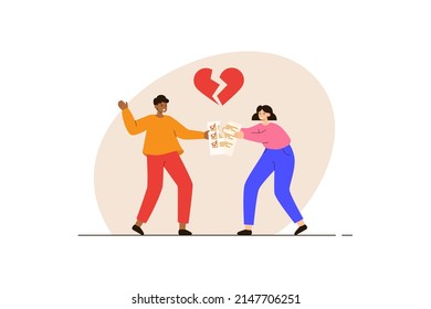 Angry married couple tearing money with broken heart. Husband and wife break up quarrelling. Family crisis and divorce concept. Property division. Modern flat vector illustration