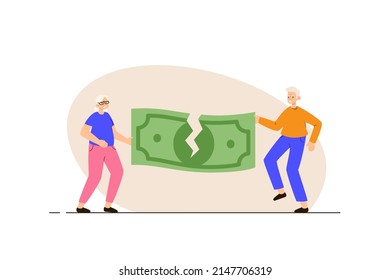 Angry married elderly couple tearing money. Husband and wife break up quarrelling. Family crisis and divorce concept. Property division. Modern flat vector illustration