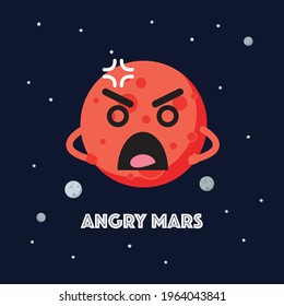 Angry mars character emoticon on space background. star and planets on galaxy background. Flat style vector illustration