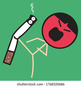 Angry Match Girl Kicking Off A Burning Cigarette. Stop Smoking Concept Card Character illustration