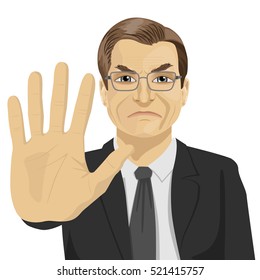 angry mature businessman with glasses showing stop gesture