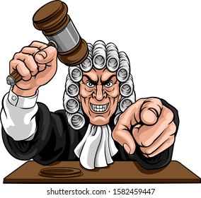 An angry or mean judge cartoon character pointing and holding his gavel hammer 