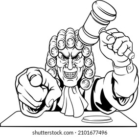 An angry or mean judge cartoon character pointing and holding his gavel hammer 