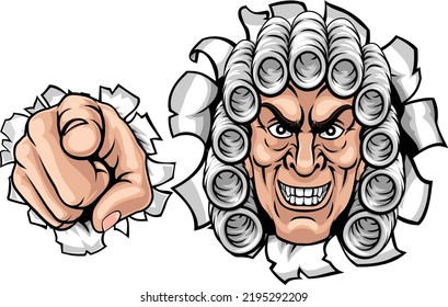 An angry or mean judge cartoon character breaking out of the background and pointing