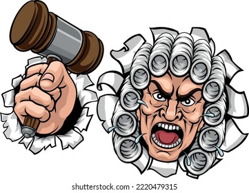 An angry or mean judge cartoon character breaking out of the background holding his gavel hammer 