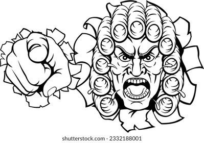 An angry or mean judge cartoon character breaking out of the background and pointing