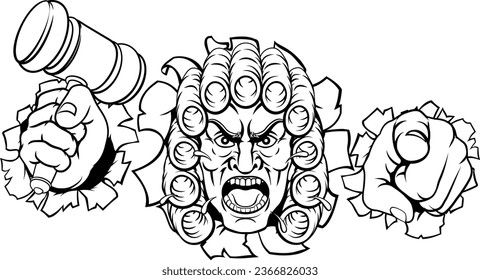 An angry or mean judge cartoon character breaking out of the background pointing and holding his gavel hammer 