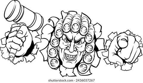 An angry or mean judge cartoon character breaking out of the background pointing and holding his gavel hammer 