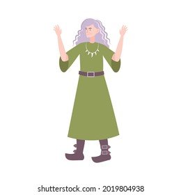 Angry medieval elderly witch in green dress flat vector illustration