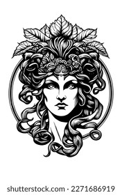 Angry Medusa head hand drawn illustration