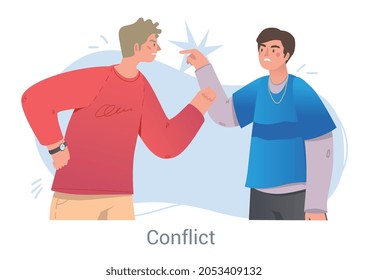Angry men arguing and conflicting. Characters scream, swear and quarrel. Friends can not find compromise and spoil relationship. Cartoon modern flat vector illustration isolated on white background