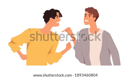 Angry men arguing and conflicting. Quarrel and fight between two aggressive people. Male characters shouting, blaming and criticizing. Colorful flat vector illustration isolated on white background