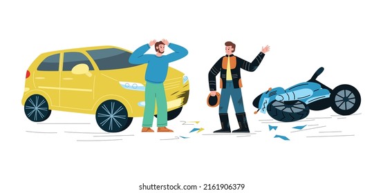 Angry Men Arguing Over Car Accident With Motorbike, Flat Vector Illustration Isolated On White Background. Car Hit Bike On The Road. Cartoon Characters Upset About Car Crash And Vehicle Damage.