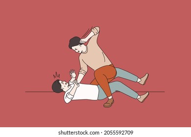 Angry men lying on ground beating having conflict. Mad furious guys kick punch in face. Two people feel aggressive fighting. Abuser and victim, violence, bullying. Flat vector illustration.