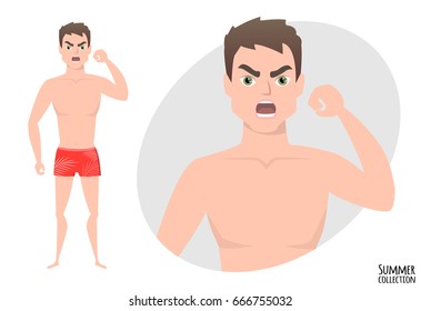 Angry men. Negative Emotions. Bad Days. Bad Mood. Stressful men. Men in a beach swimming trunks