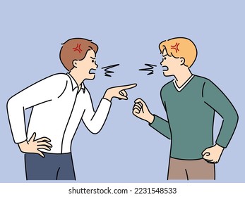 Angry men shout have fight or quarrel. Mad furious male colleagues or employees scream and yell engaged in misunderstanding at work. Vector illustration. 