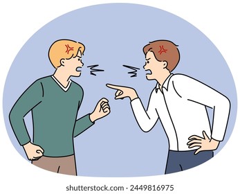 Angry men shout have fight or quarrel. Mad furious male colleagues or employees scream and yell engaged in misunderstanding at work. Vector illustration.