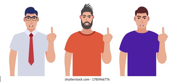 Hombres furiosos mostrando dedos medios. Gesto obsceno. Juego de caracteres. Ilustración vectorial al estilo de las caricaturas.