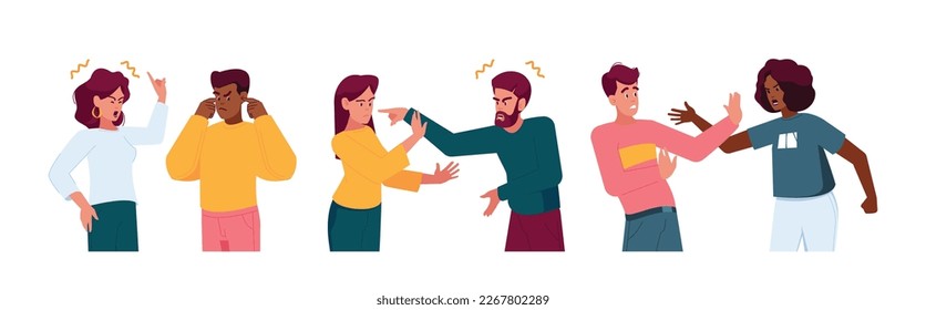 Hombres y mujeres furiosos discutiendo y luchando expresando tensiones y agresiones. Pareja Quarrel, Desacuerdo Entre Parejas, Argumento, Frustración Y Rabia, Problema Familiar. Ilustración del vector de dibujos animados