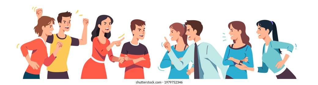 Angry Men And Women Different Groups Arguing, Fighting. Aggressive People Discussing Social Issues, Shouting, Gesturing. Communities Disagreement, Conflict Problem Discussion Flat Vector Illustration