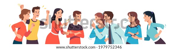 Angry men and women different groups\
arguing, fighting. Aggressive people discussing social issues,\
shouting, gesturing. Communities disagreement, conflict problem\
discussion flat vector\
illustration