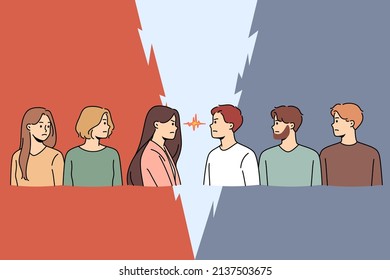 Angry men and women look in eyes stand opposite. Determined mad male and female rivals or competitors oppose. Concept of gender confrontation and opposition. Vector illustration. 