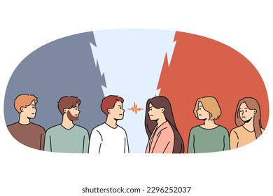 Angry men and women look in eyes stand opposite. Determined mad male and female rivals or competitors oppose. Concept of gender confrontation and opposition. Vector illustration.