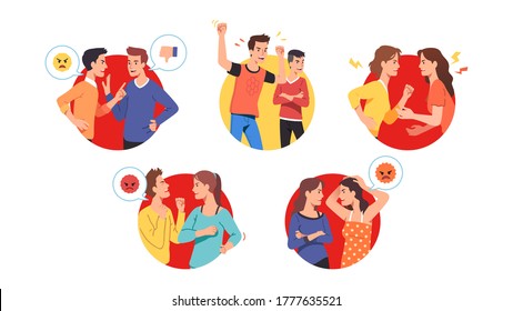 Angry men, women send aggressive chat messages & argue on social media. Indignant furious people communication, expressing anger, shout, gesture. Online rant fight, conflict flat vector illustration