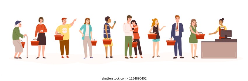 Angry men and women standing in line or queue to cashier in retail store or supermarket. People waiting in grocery shop isolated on white background. Colored vector illustration in flat cartoon style
