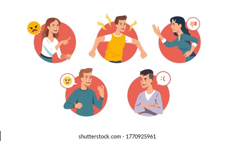 Angry men & women yelling, swearing, fighting set. Indignant furious people with aggressive faces expressing anger, shouting, gesturing, arguing, threatening. Conflict problem flat vector illustration