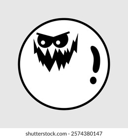 Angry and menacing cartoon face with sharp jagged teeth and intense eyes inside a circular design. A bold black-and-white vector illustration perfect for stickers, logos and mascots