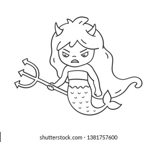 Angry mermaid with trident and devil horns. Cute cartoon character for emoji, sticker, pin, patch, badge. Vector outline illustration.