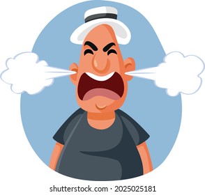 Angry Middle Aged Man Feeling Furious Vector Cartoon. Dissatisfied middle-aged guy complaining shouting and screaming
