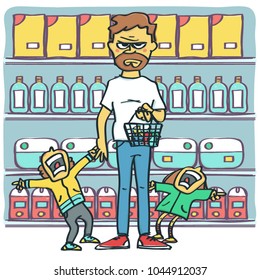 Angry and miserable man with two raging children screaming at shopping mall, colorful vector cartoon