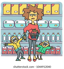 Angry And Miserable Woman With Two Raging Kids At Supermarket, Colorful Funny Vector Cartoon