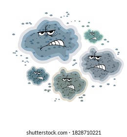 Angry mold isolated on white background. Bacteria, microbes, germs, mould and viruses cartoon characters with funny faces. Pathogen microbes, bacteries and coronavirus with eyes and teeth.Stock vector
