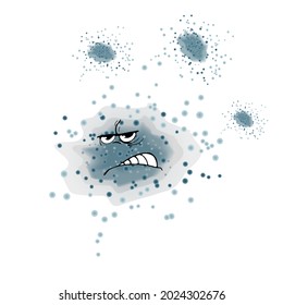 Grauschimmel einzeln auf weißem Hintergrund. Bakterien, Mikroben, Keime, Schimmel und Viren-Zeichentrickfiguren mit lustigen Gesichtern. Pathogenmikroben, Bakterien und Koronavirus mit Augen und Zähnen.Stock-Vektorgrafik