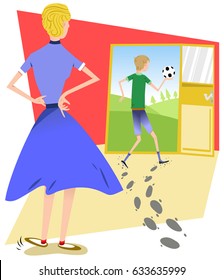 Angry mom looking at boy leaving a rail of dirty footprints when going outdoors to play soccer (vintage style illustration)