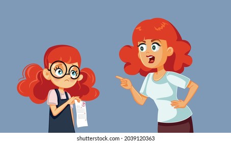 Angry Mom Scolding Daughter for Bad Grade Vector Cartoon. Woman blaming her child for test results in school examination
