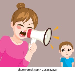 Angry Mom Yelling With Megaphone Little Sad Son Kid Shaking