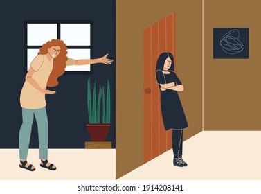 An Angry Mom Yells At Her Daughter, Who Is Hiding In Her Room. Quarrel With Goth Girl, Parent-teen Relationship Problem, Family Conflict, Vector Illustration In Flat Style