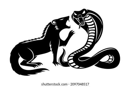 Angry mongoose and cobra icon on white background.