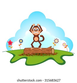 Angry Monkey Cartoon standing on the wood in a garden